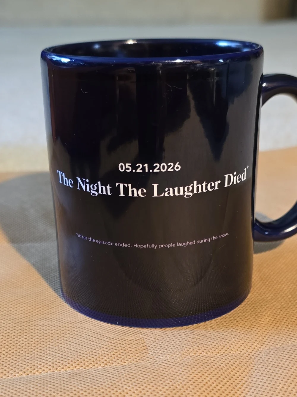 Navy Blue Ceramic Mug with Bold Red & White Text